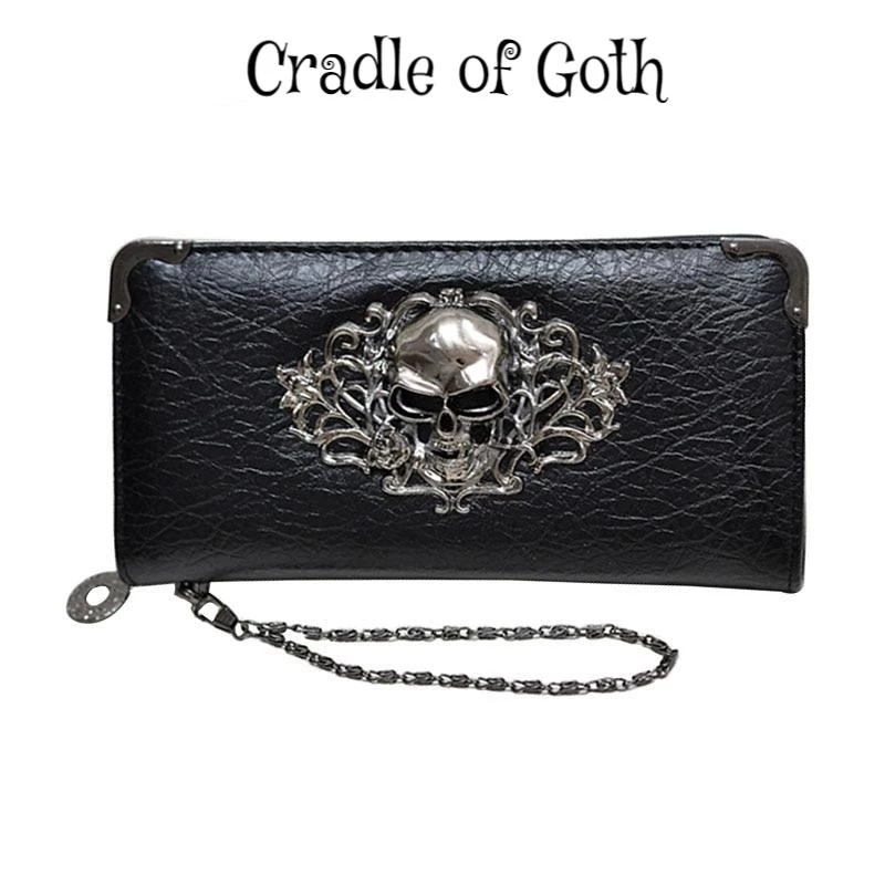 Cradle Of Goth Grinning Skull Long Wallet (Vegan Leather) WALLETS 1 Cradle Of Goth Grinning Skull Long Wallet (Vegan Leather) WALLETS